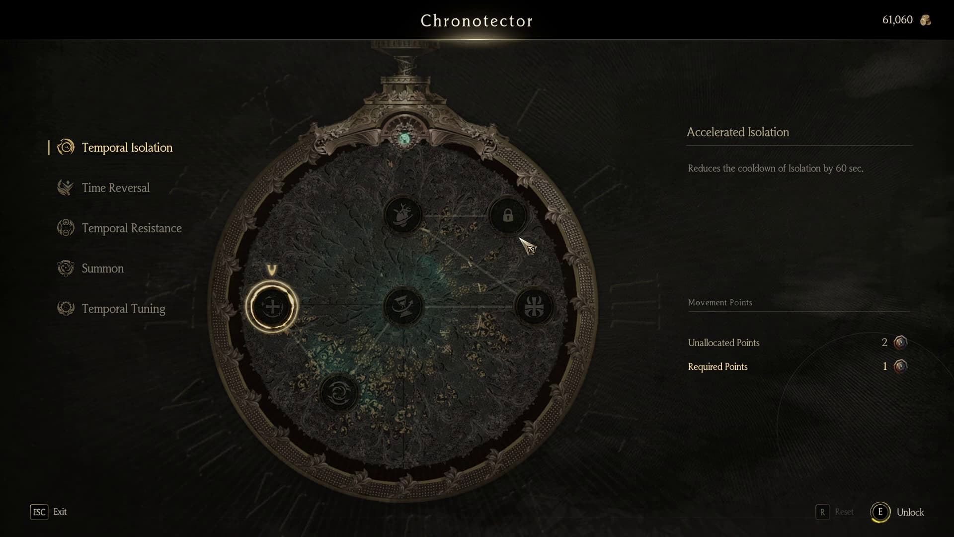 Chronotector menu showing the Temporal Isolation upgrade tree laid around a pocket watch face
