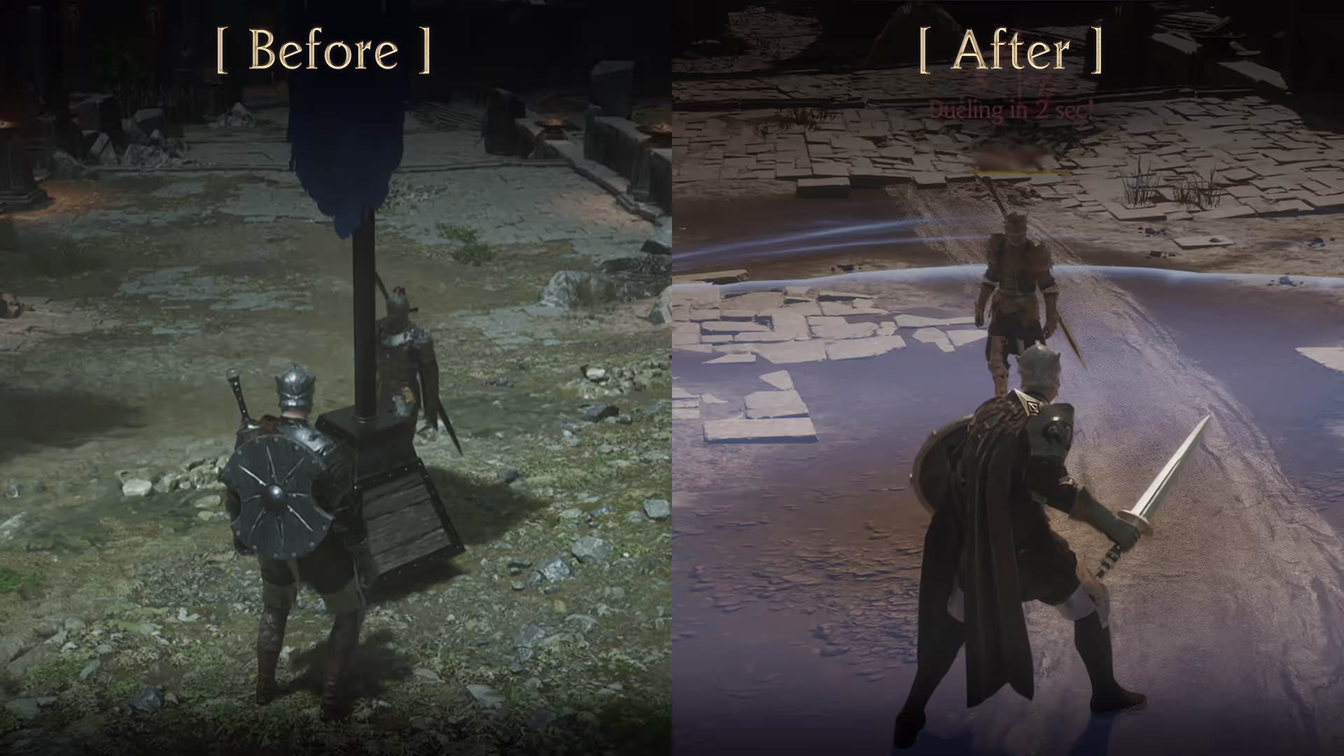 Before and after comparison showing the new player duel system with a countdown timer