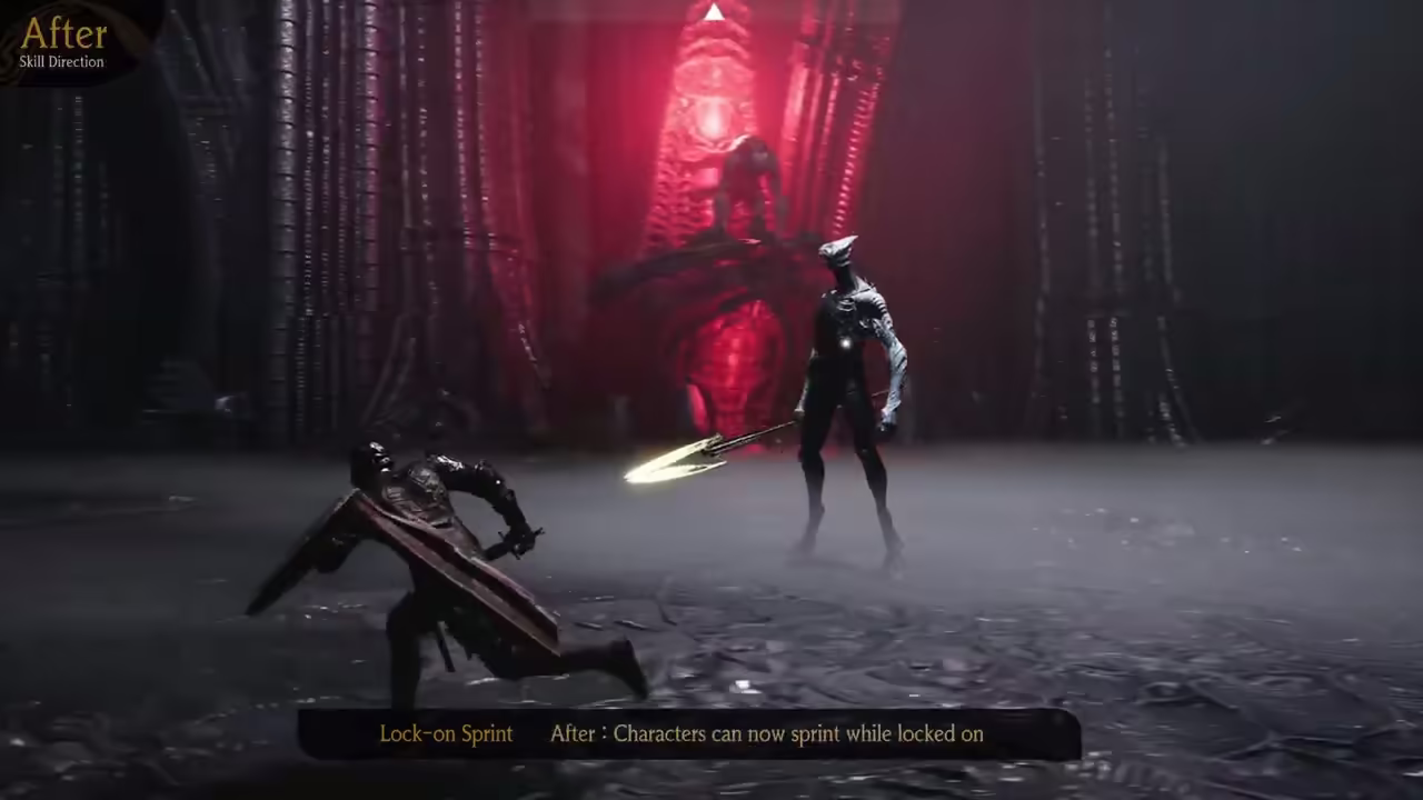 Player strafing around a boss while locked on, greatsword drawn