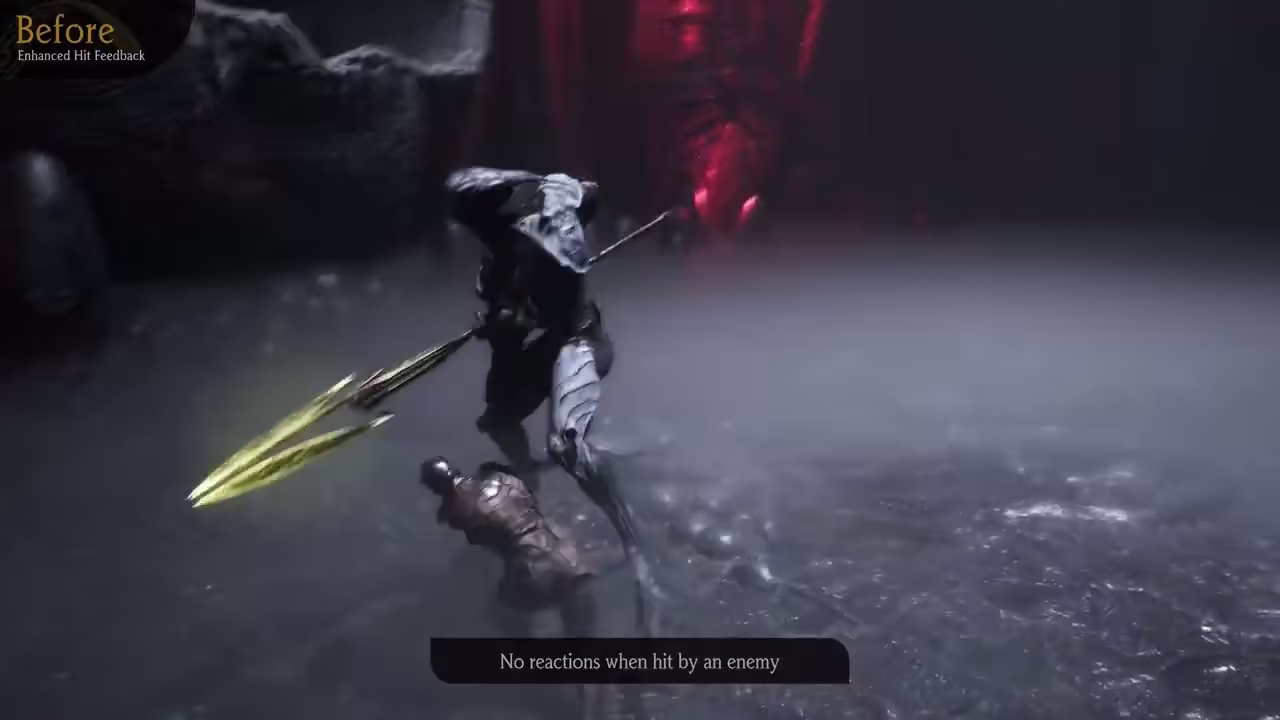 Sorcerer mid strike against a fallen enemy with a glowing spear
