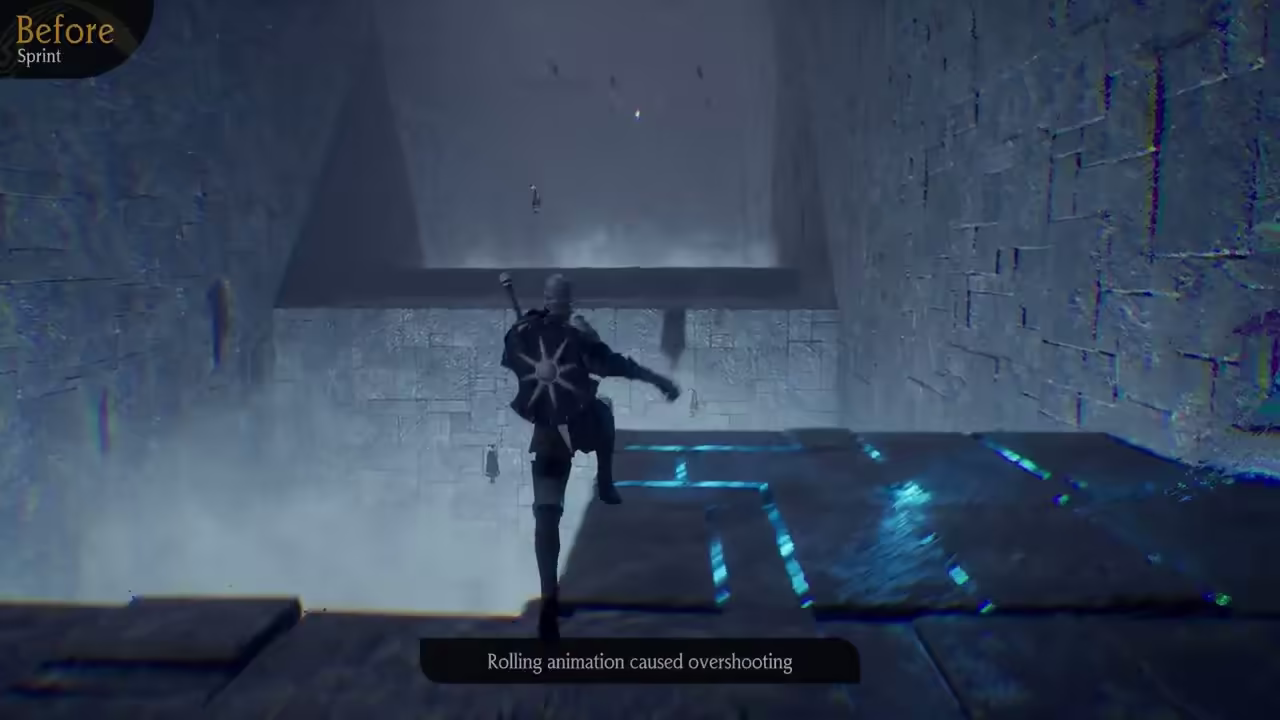 Character sprinting through a dungeon corridor after a jump
