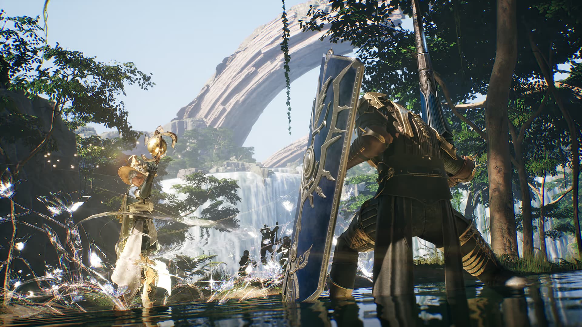Two players engaging in combat at a waterfall, one with a spear and the other with sword and shield