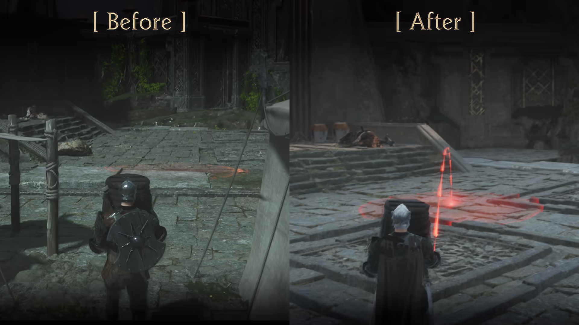 Before and after comparison showing the new wound zone damage indicator on the ground
