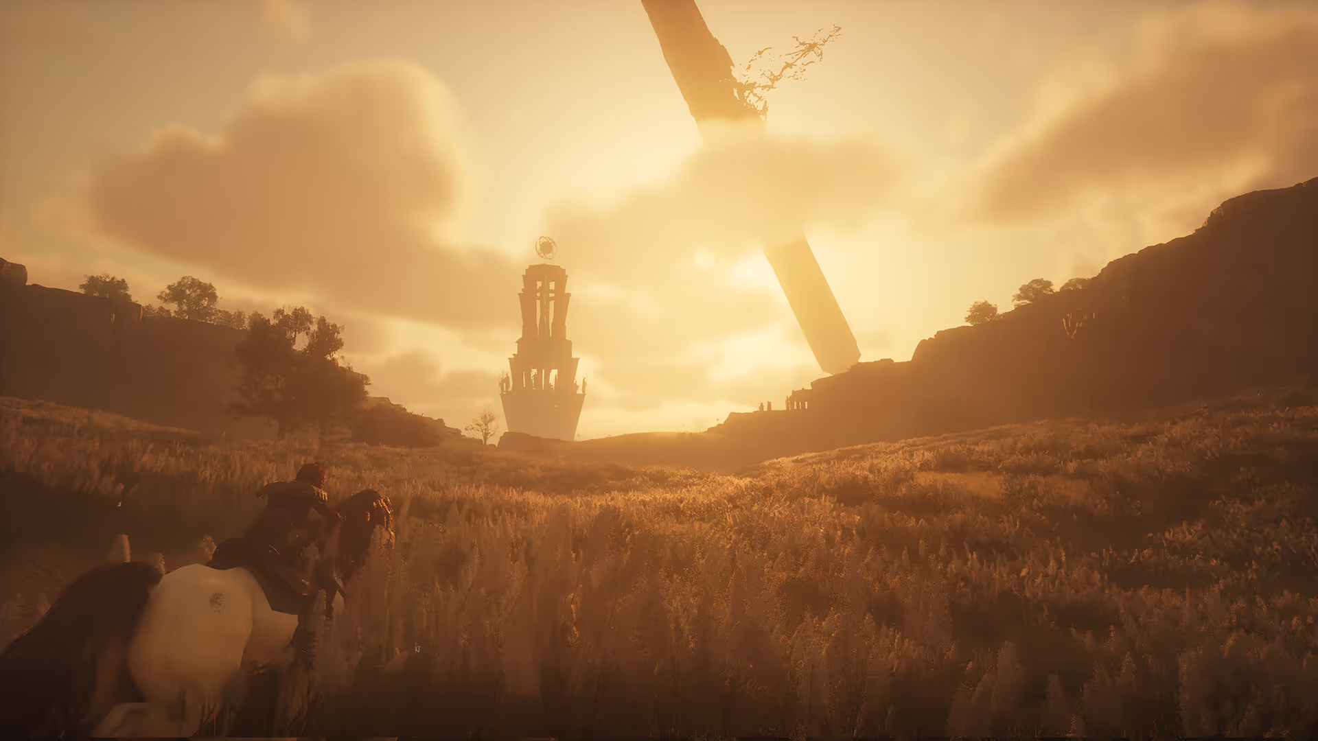 Player on horseback overlooking a sunset plain with a tower and fallen obelisk