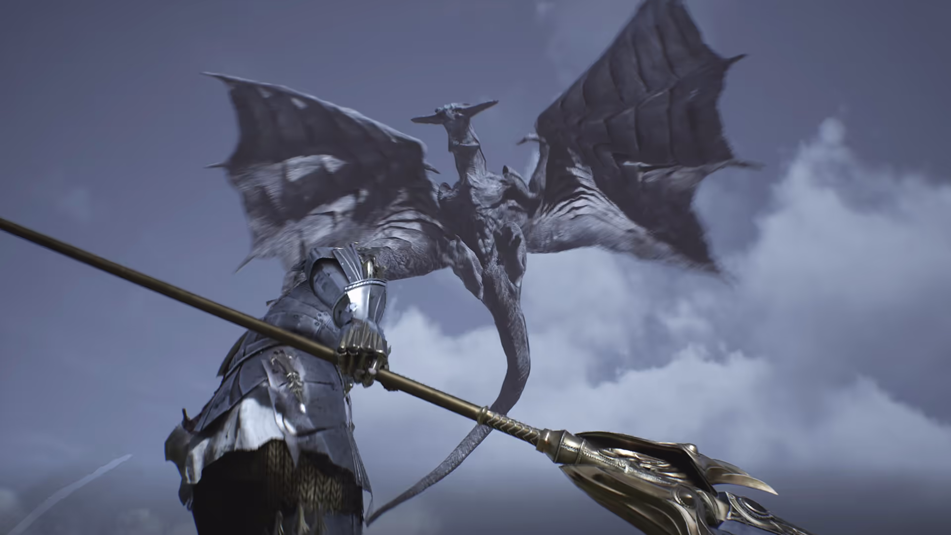 Armoured knight with polearm facing a winged dragon in the sky