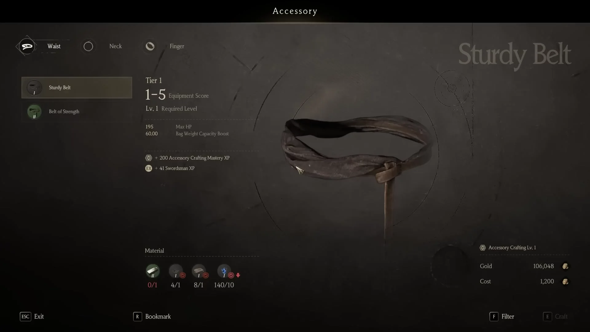 Accessory Crafting menu showing the Waist, Neck, and Finger slot tabs with a Sturdy Belt recipe
