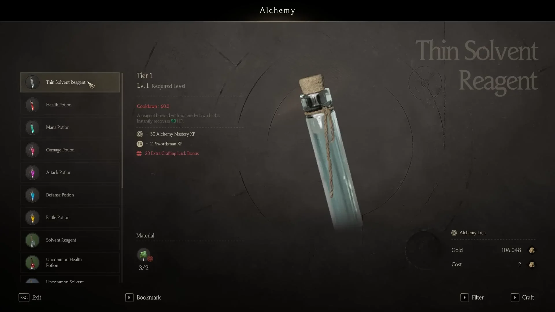 Alchemy crafting menu with the Uncommon Health Potion recipe and the full potion list visible