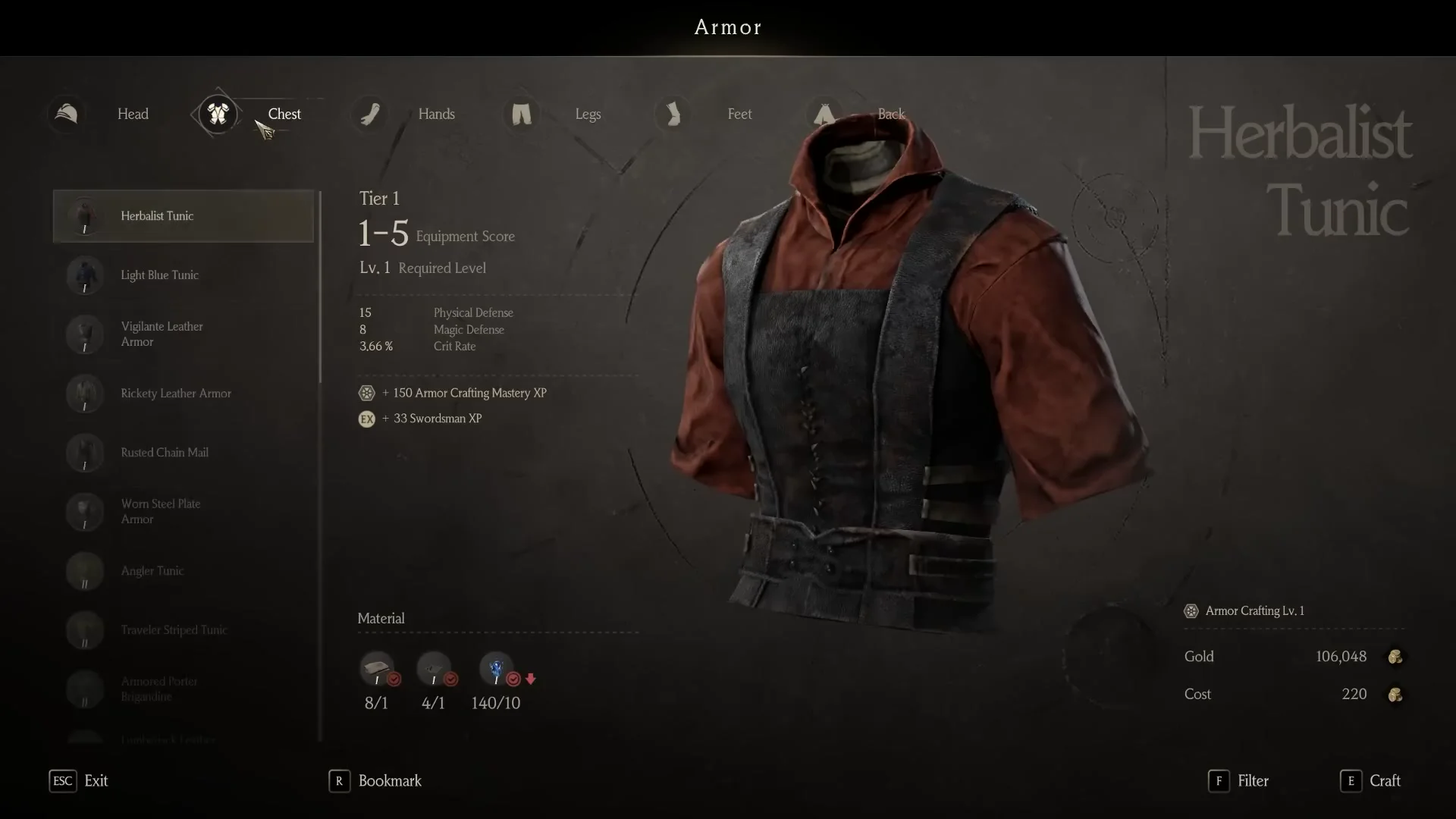 Armor Crafting menu showing the six slot tabs and a Herbalist Tunic recipe