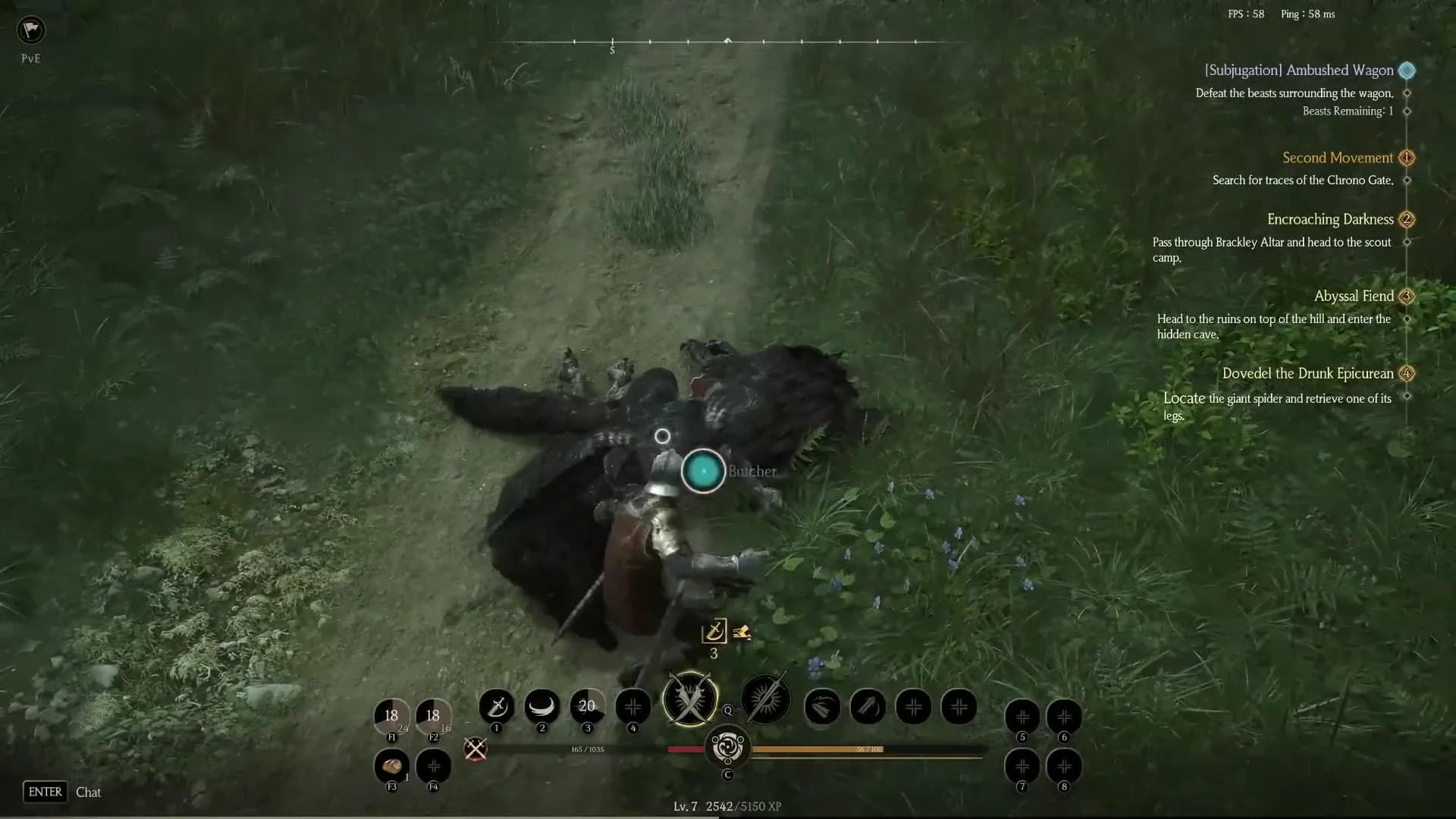 Character kneeling over a large feathered creature carcass with a Butcher prompt on screen