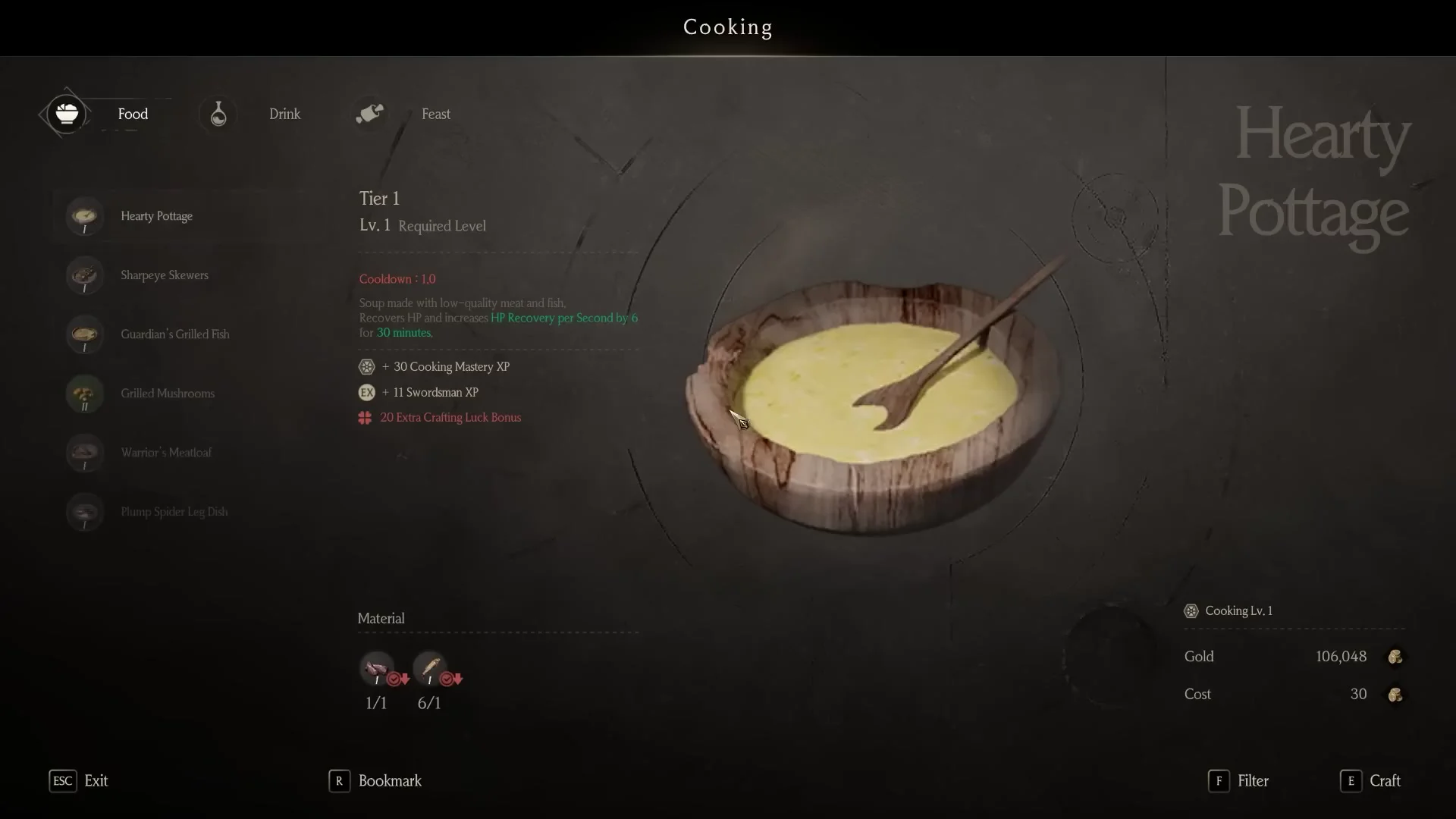 Cooking crafting menu showing the Food tab with a Hearty Pottage recipe and six food recipes in the list