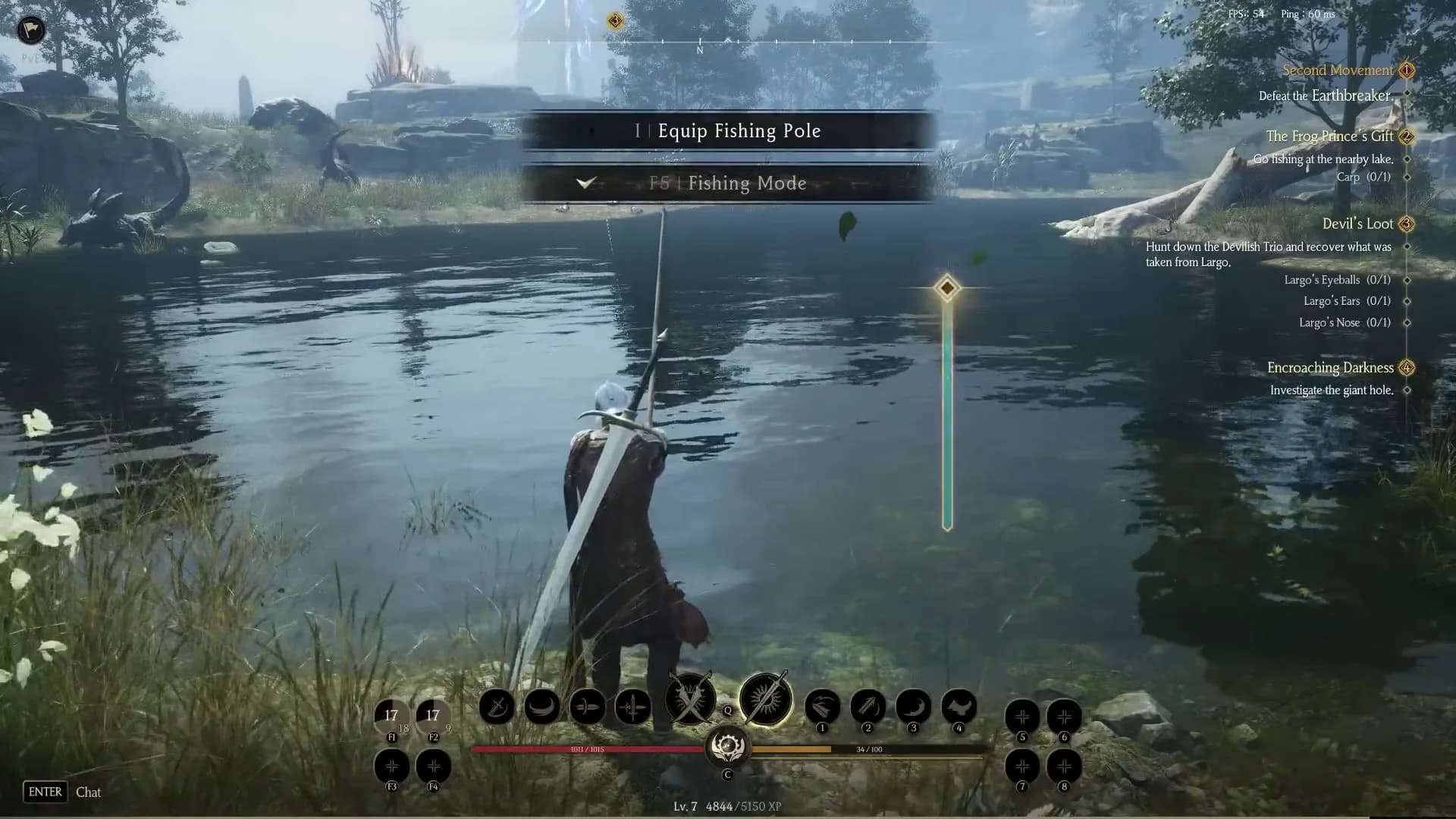 Character casting a fishing line into a clear lake with Equip Fishing Pole and Fishing Mode prompts on screen