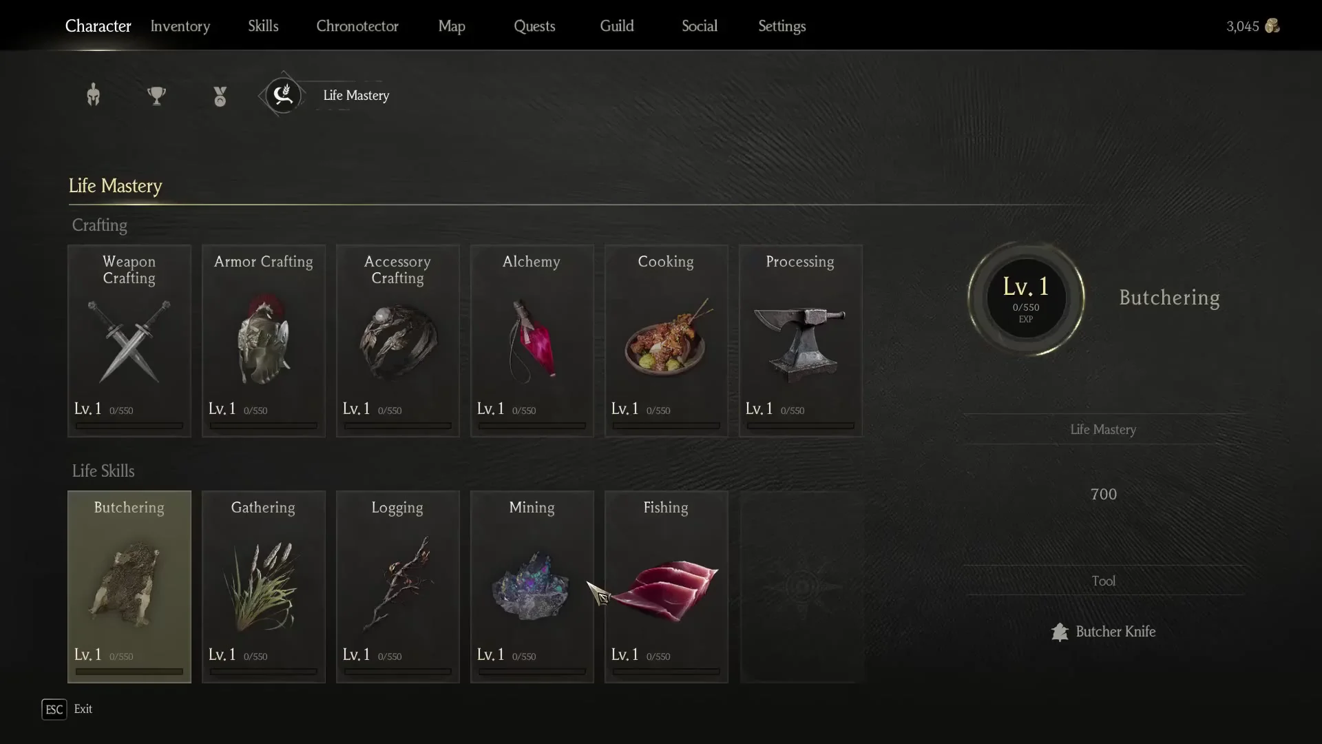 Life Mastery menu showing the six Crafting lines and five Life Skills