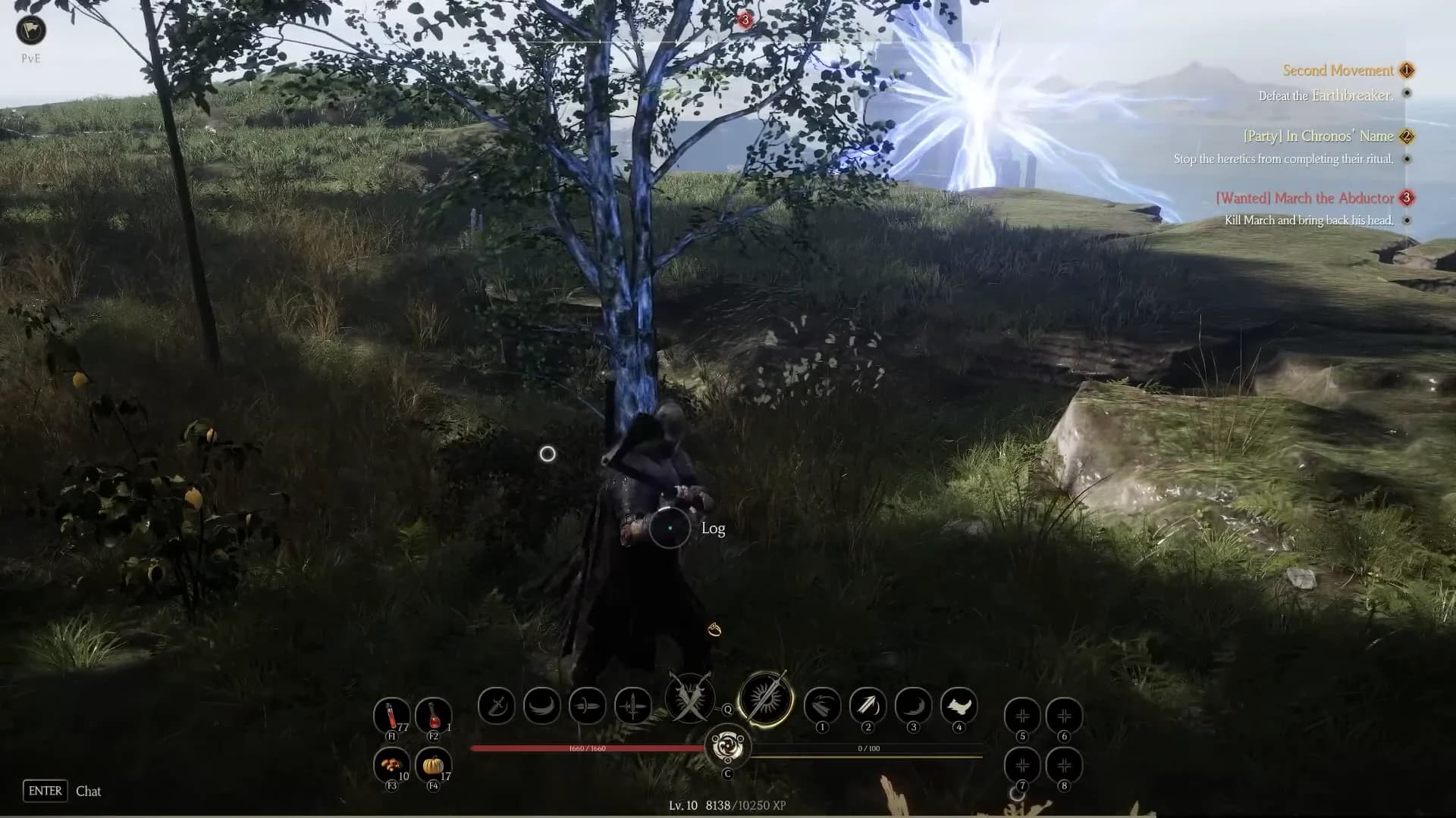 Character stood next to a blue barked tree with a Log prompt on screen