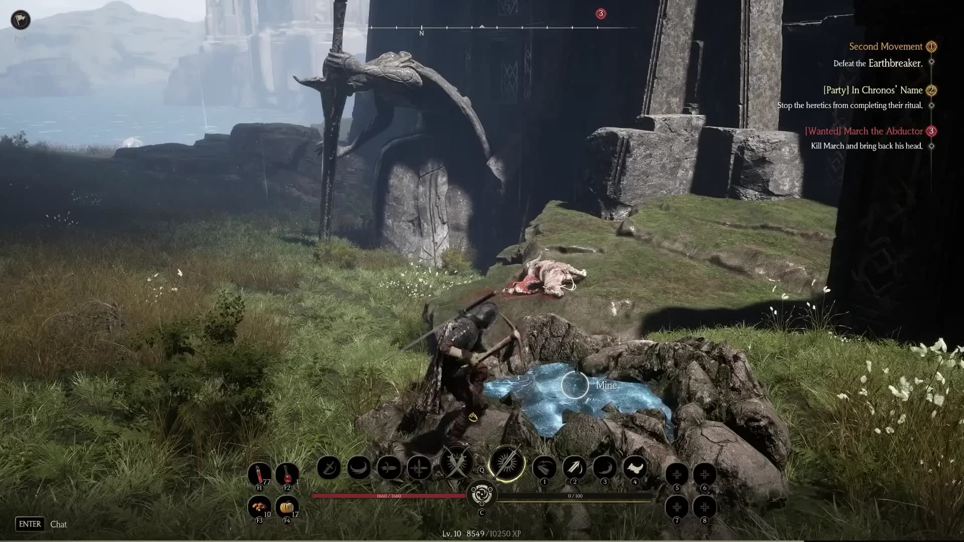 Character swinging a pickaxe at a glowing ore node