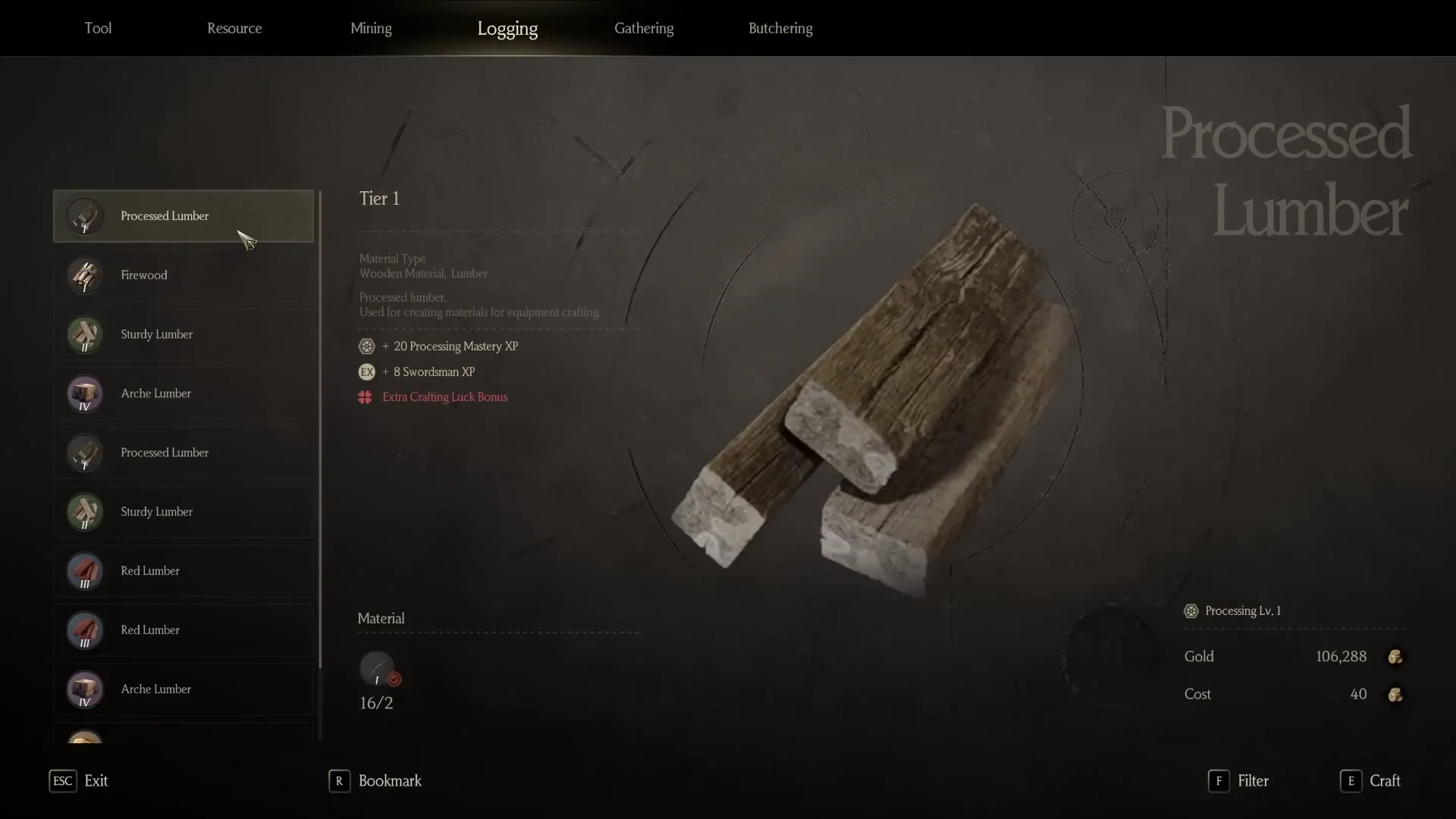 Processing menu showing the Logging tab with a Processed Lumber recipe and the full lumber ladder