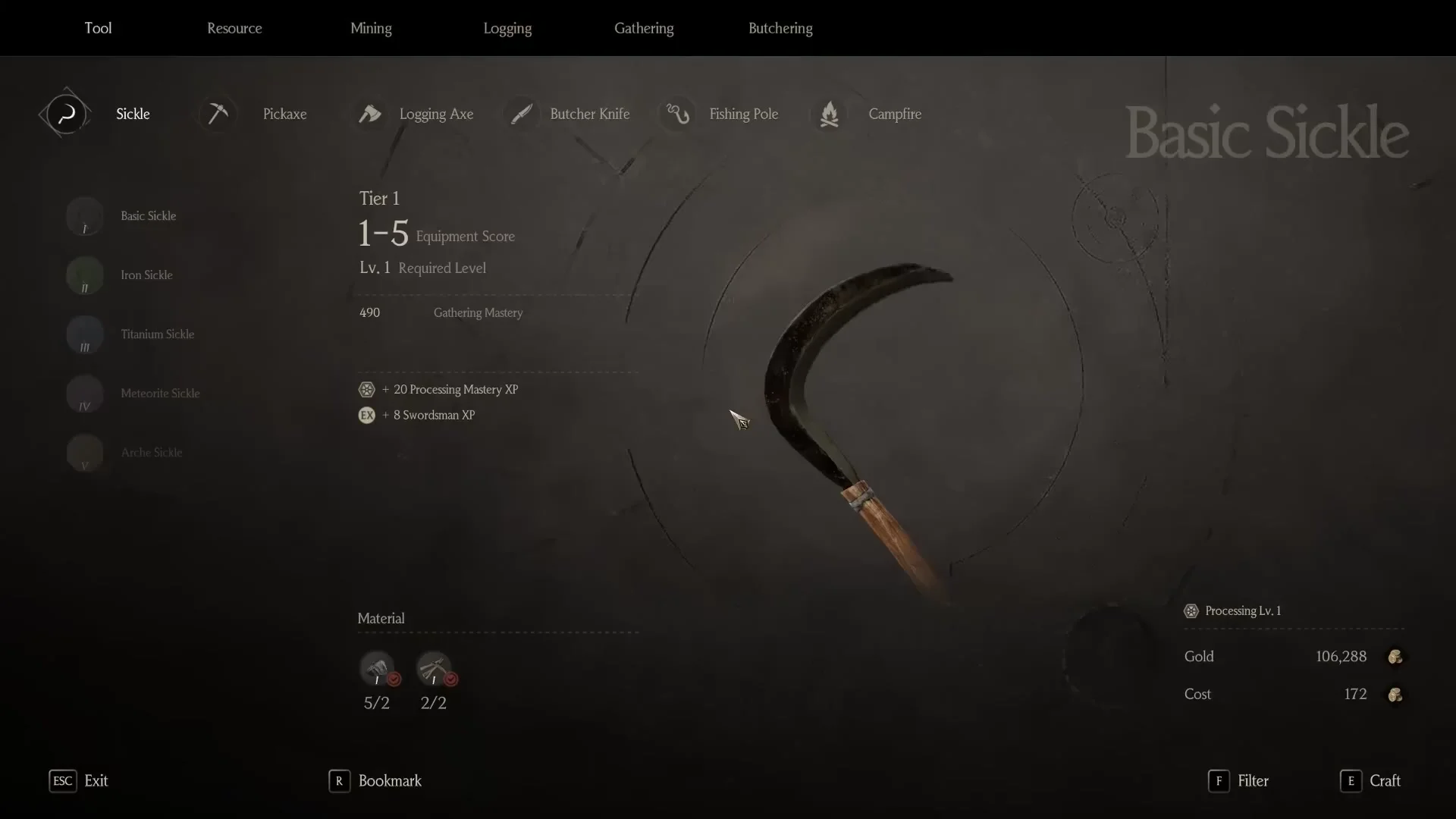 Tool crafting menu showing Sickle, Pickaxe, Logging Axe, Butcher Knife, Fishing Pole, and Campfire tabs