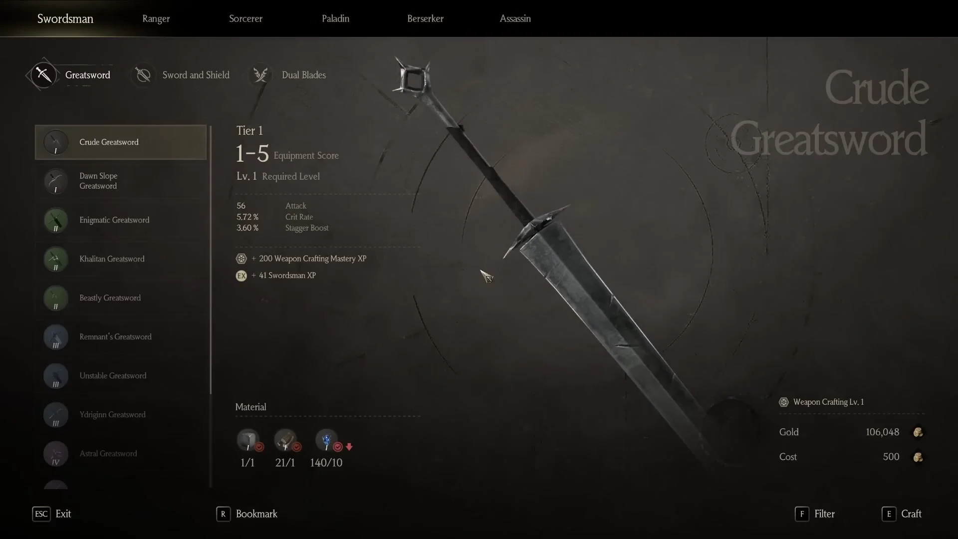 Weapon Crafting menu with the six class tabs